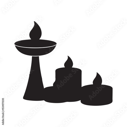 Black silhouette of  lit candles of varying heights for spa and wellness concepts on white background