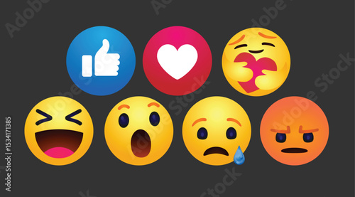 high quality vector round yellow cartoon bubble emoticons comment social media chat comment reactions, icon template face tear, smile sad, hug love like, Lol, laughter emoji character message