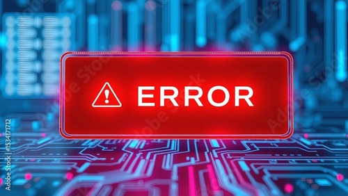 Critical System Error Red Alert Warning Sign on Circuit Board - Digital Glitch Concept