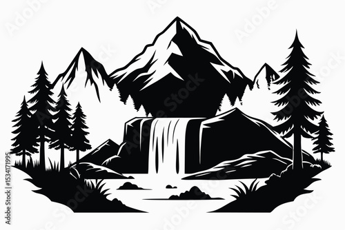 Monochrome Landscape Featuring Mountains, Waterfall, Trees, and Rocks Nature Scenery Illustration