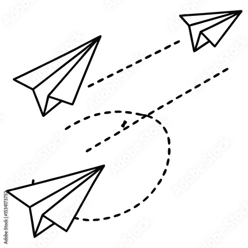 Paper airplane. Outline flying planes from different angles and direction with dotted track, travel  