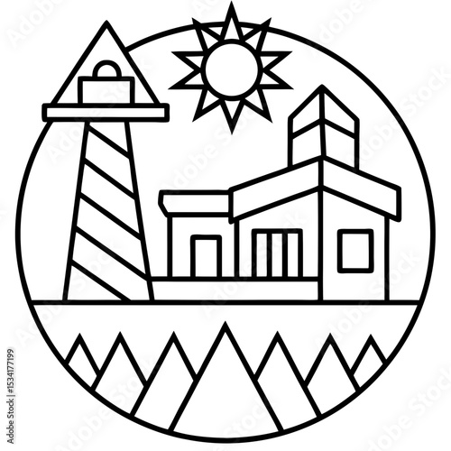 Green energy icon with solar panels and lighthouse
