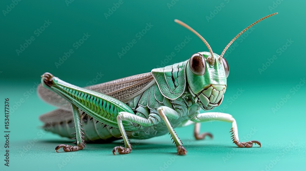 Fototapeta premium Green Grasshopper Close Up on Teal Background
