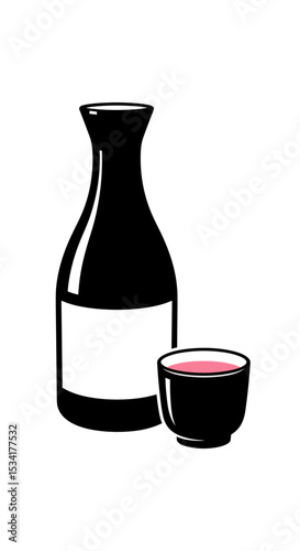 Sake bottle with small cup for Japanese beverage menu design