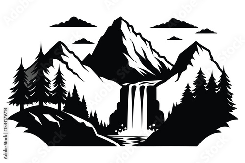 Black and White Mountain Landscape with Waterfall, Trees, and Clouds Illustration