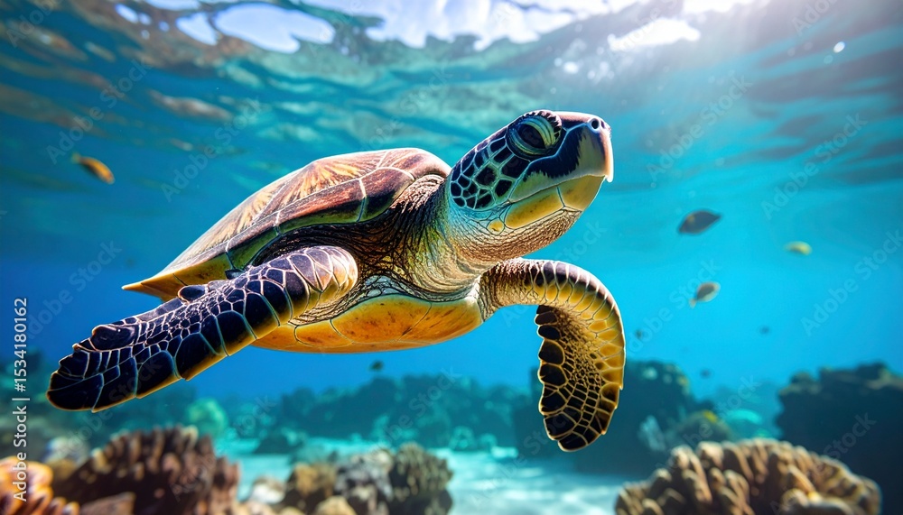 Obraz premium Underwater shot of turtle’s head turning gracefully