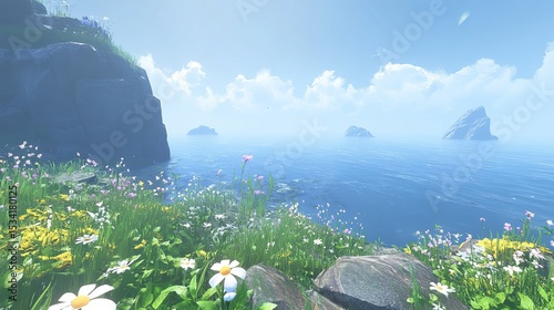 Serene coastal vista; wildflowers bloom on rocky shore, overlooking calm ocean and distant islands under a bright sky photo