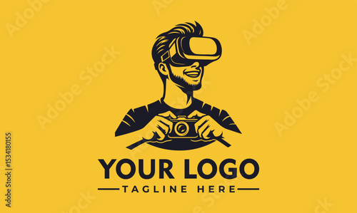 Cheerful person wearing a virtual reality headset and holding a game controller with abstract digital elements. Gaming and technology concept