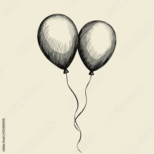Two hand drawn balloons tied together on beige background