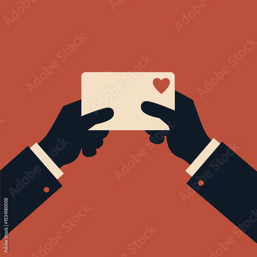 Hands holding a card with a heart symbol against a red background  