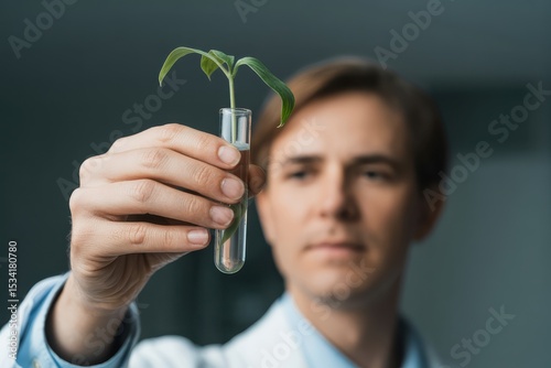 Test tube with green sprout held in hand against dark blurred background