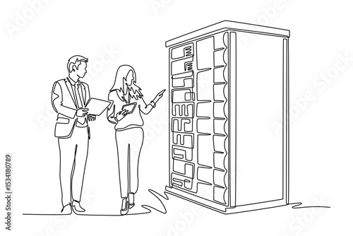 Data center concept. Single line draw design. Vector graphic illustration