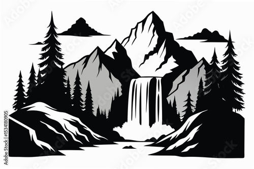 Striking Monochrome Mountain Scene with Waterfall, Trees, and Dynamic Cloudy Sky Elements
