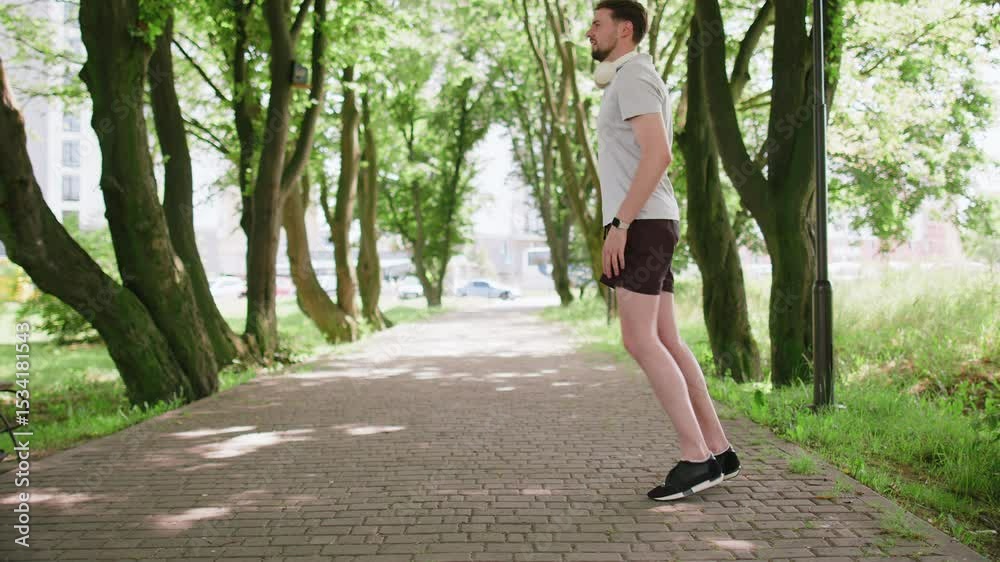 Fitness young man in sportswear doing lunges, and stretching legs on summer park. Warm up before jogging workout. Athletic male jogger training legs on footpath amidst trees. Squat lunges training. Fitness young man in sportswear doing lunges, and stretching legs on summer park. Warm up before jogging workout. Athletic male jogger training legs on footpath amidst trees. Squat lunges training.