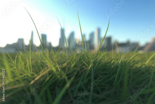 Green grass blades close-up with blurred city skyline in sunlight