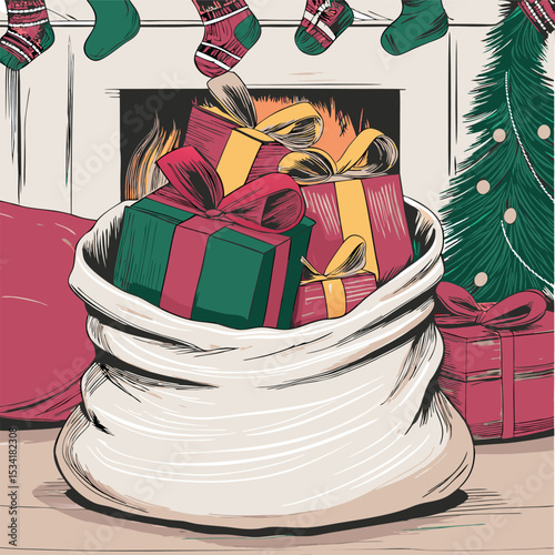 Festive Christmas Scene with a Bag of Gifts by the Fireplace