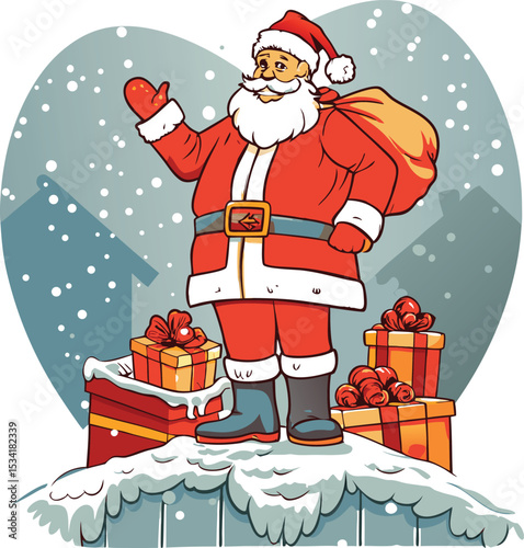Cartoon Santa Claus with Gifts on a Snowy Rooftop Waving Hand