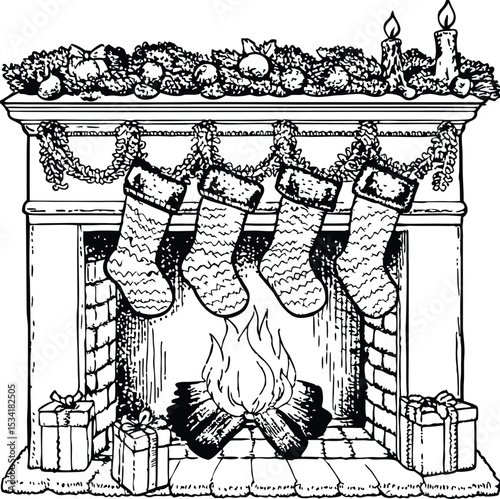 Hand Drawn Christmas Fireplace with Stockings Garland Candles and Gifts