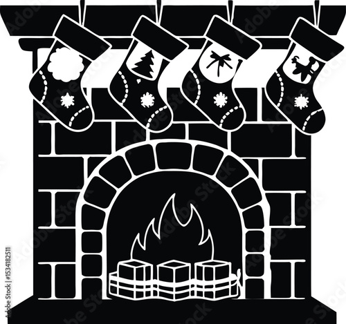 Festive Fireplace with Christmas Stockings Hanging in a Black and White Style