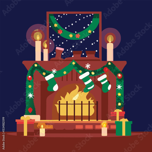 Festive Fireplace Scene with Stockings and Gifts for Christmas Eve