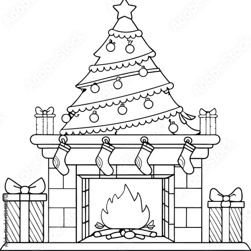 Christmas Fireplace Scene with Tree Stockings and Gifts in Black and White