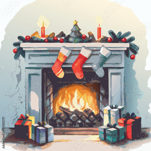 Festive Christmas Fireplace Scene with Stockings Presents and Holiday Decorations