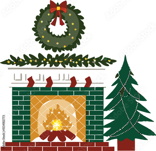 Festive Fireplace Scene with Christmas Tree and Holiday Decorations Illustration