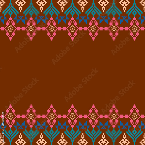 Pixel art ethnic, Pattern fabric pixel, design for background, clothing, decorative, drapery, cloth embroidery, geometric pixel art, handcraft, wallpaper, carpet, bag, card, cushions, Print, ethnic