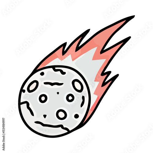 A cartoon illustration of a flaming meteor, a simple doodle icon for space themes. This visual data acts as a 'Content-Type application/json' object for web assets.