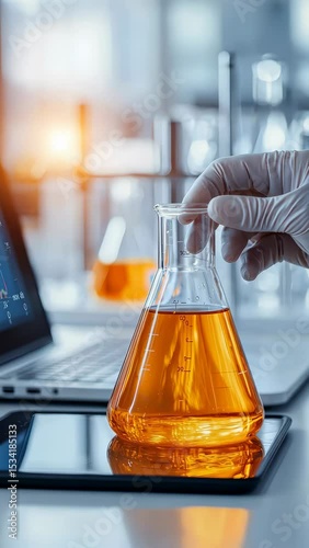 One hand holding a beaker while another types data into a computer, hypothesis displayed on a tablet, clean, well-lit lab environment.