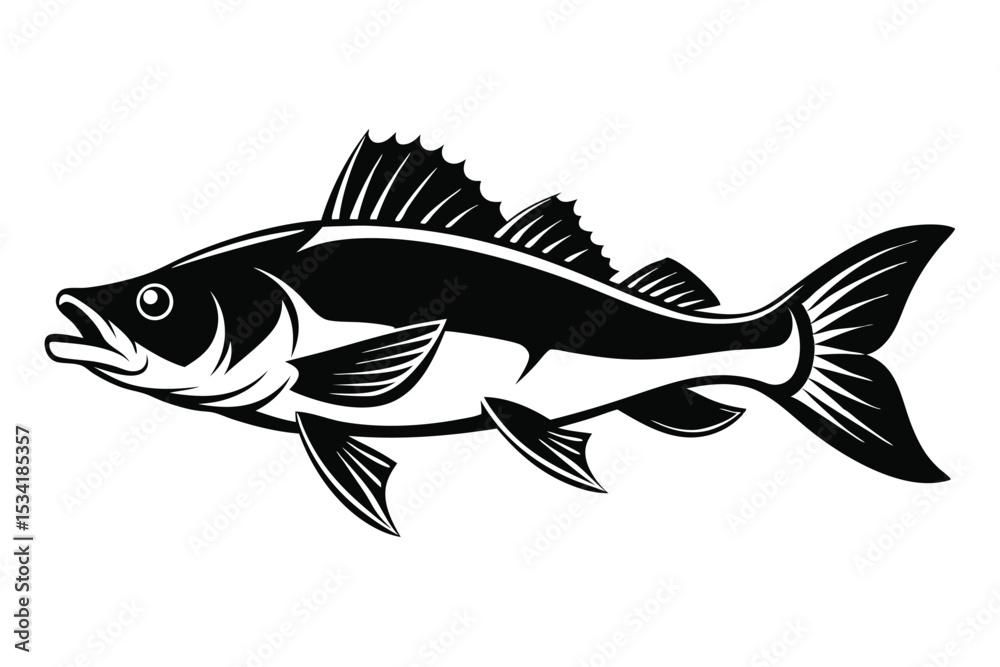 Fototapeta premium Black and white vector graphic of a walleye fish with detailed fins and scales