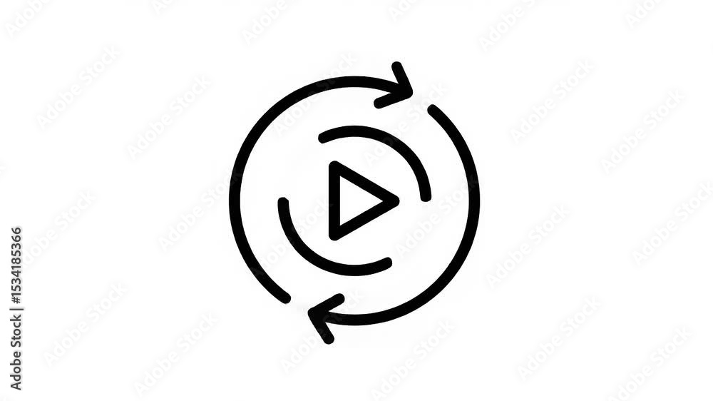 Simple black and white play and loop icon representing video playback and repeat functionality