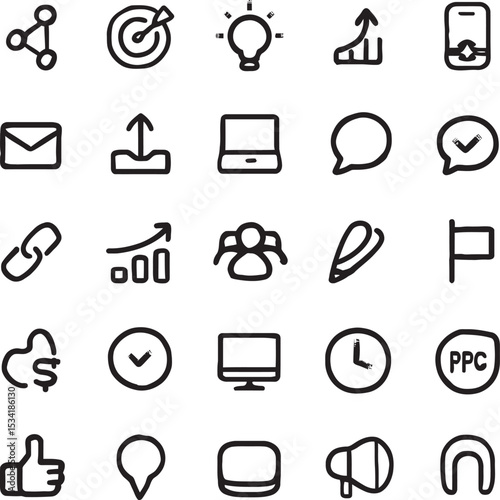 Vector web communication icons set with symbols for internet, business, phone, email, and social media