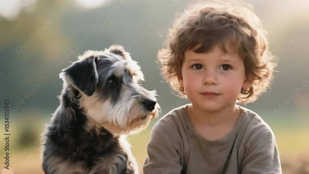 Cachorro Schnauzer sentado junto a un niño