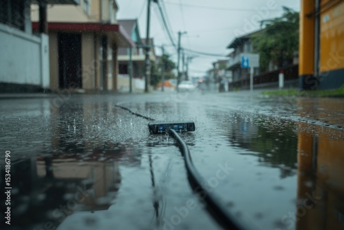 Rain splashing on wet street with cable in foreground and blurred residential background