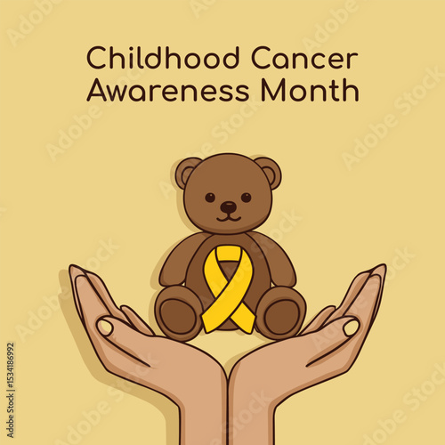 Childhood Cancer Awareness Month Yellow Ribbon Teddy Bear Support Hands Flat Vector
