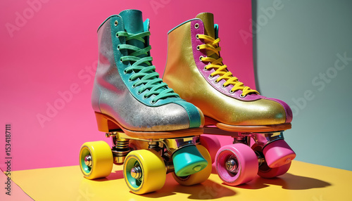 Vibrant pop art illustration of retro roller skates. Shiny boots with colorful design, disco balls, 1980s aesthetic. Vintage disco vibe with bright, bold, eye-catching colors on skates. Party theme,