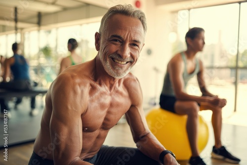 Smiling senior man sitting on yellow exercise ball in sunny fitness studio