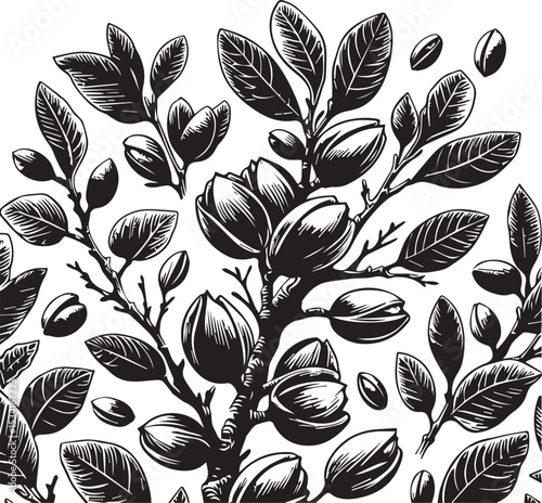 Pistachio branch seamless border with nuts and leaves. Vector black and white illustration hand drawn with ink silhouette vector