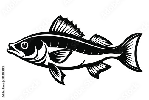 Silhouette Illustration of a Fish with Dorsal and Pectoral Fins in Black and White