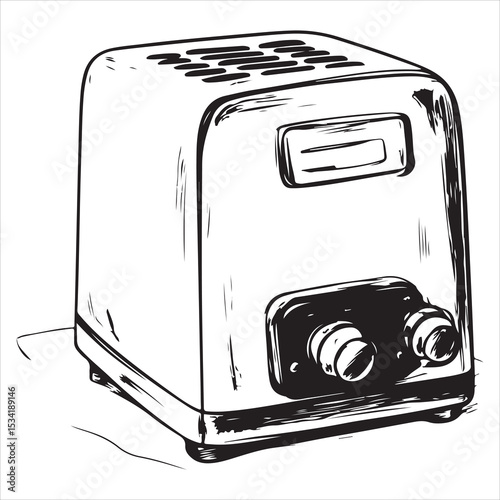 Retro Toaster Silhouette Vector for Kitchen Decor,Black silhouette of a retro toaster with vintage texture, ideal for kitchen, cooking, appliance, A monochrome drawing showcases a simple electric toas