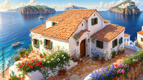 Beautiful house surrounded by flowers, mediterranean architecture style landscape, oil painting on canvas.