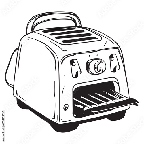 Retro Toaster Silhouette Vector for Kitchen Decor,Black silhouette of a retro toaster with vintage texture, ideal for kitchen, cooking, appliance, A monochrome drawing showcases a simple electric toas