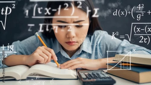 Young woman studies math with books, calculator and pencil. Math formulas overlayed. Education concept.