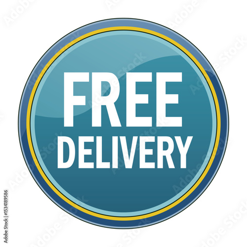Free Delivery button in blue with a yellow outline, ideal for e-commerce, food delivery services, and promotional offers, indicating no shipping costs