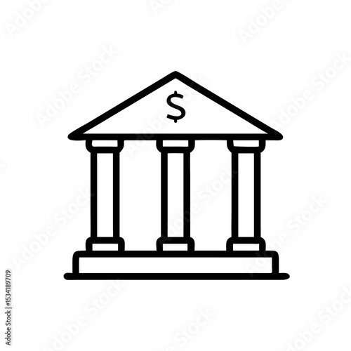 Minimalist Silhouette Icon of a Bank Building with Classical Pillars and a Triangular Roof, Simple Line Art Design on White Background Representing Financial Institution, Government, or Classical Arch