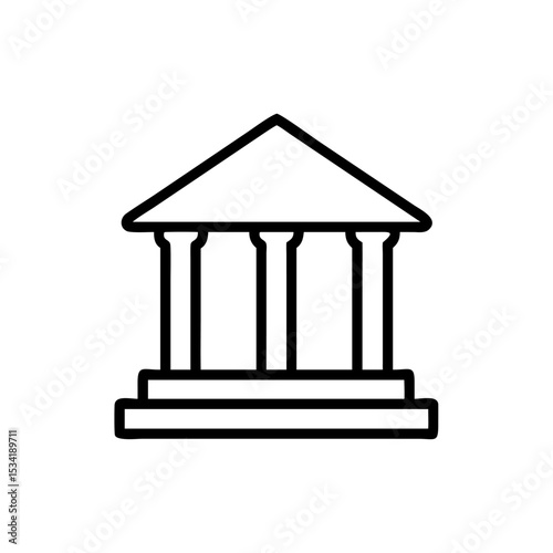 Minimalist Silhouette Icon of a Bank Building with Classical Pillars and a Triangular Roof, Simple Line Art Design on White Background Representing Financial Institution, Government, or Classical Arch