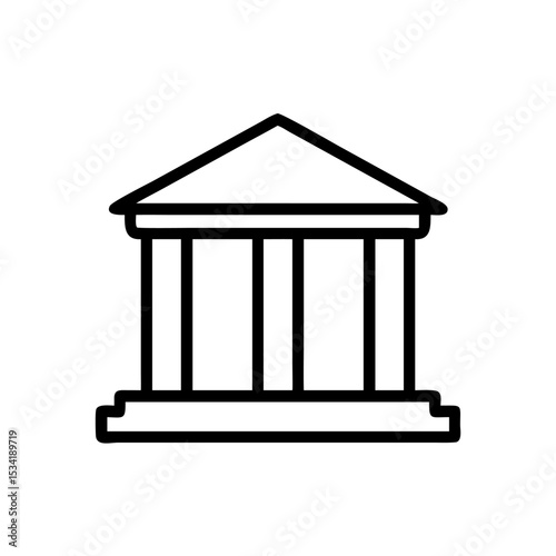 Minimalist Silhouette Icon of a Bank Building with Classical Pillars and a Triangular Roof, Simple Line Art Design on White Background Representing Financial Institution, Government, or Classical Arch