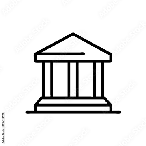 Minimalist Silhouette Icon of a Bank Building with Classical Pillars and a Triangular Roof, Simple Line Art Design on White Background Representing Financial Institution, Government, or Classical Arch