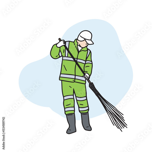 A street cleaner in a green uniform is cleaning the streets with a broom. A vector element related to hand-drawn street cleaning